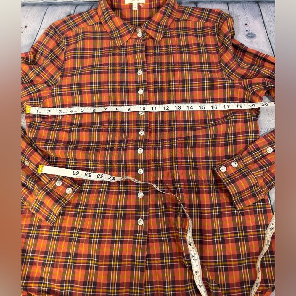 tyler böe Orange Blue Pintuck Button Up Brush Cotton Plaid Cottagecore Shirt 12 - Picture 9 of 10